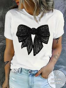 Women's Bow Print Round Neck Graphic Tee, Vintage Trendy Casual Short Sleeve T-shirt for Daily Wear, Ladies All Seasons Outfit, Top