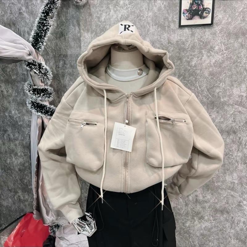 ÁO KHOÁC LỬNG CHỐNG NẮNG NÓN TO TÚI HỘP KHOÁ KÉO 4 túi freesize từ 37kg-66kg mặt đẹp Nữ Women Nhung Jacket Top Thun zipper zipper