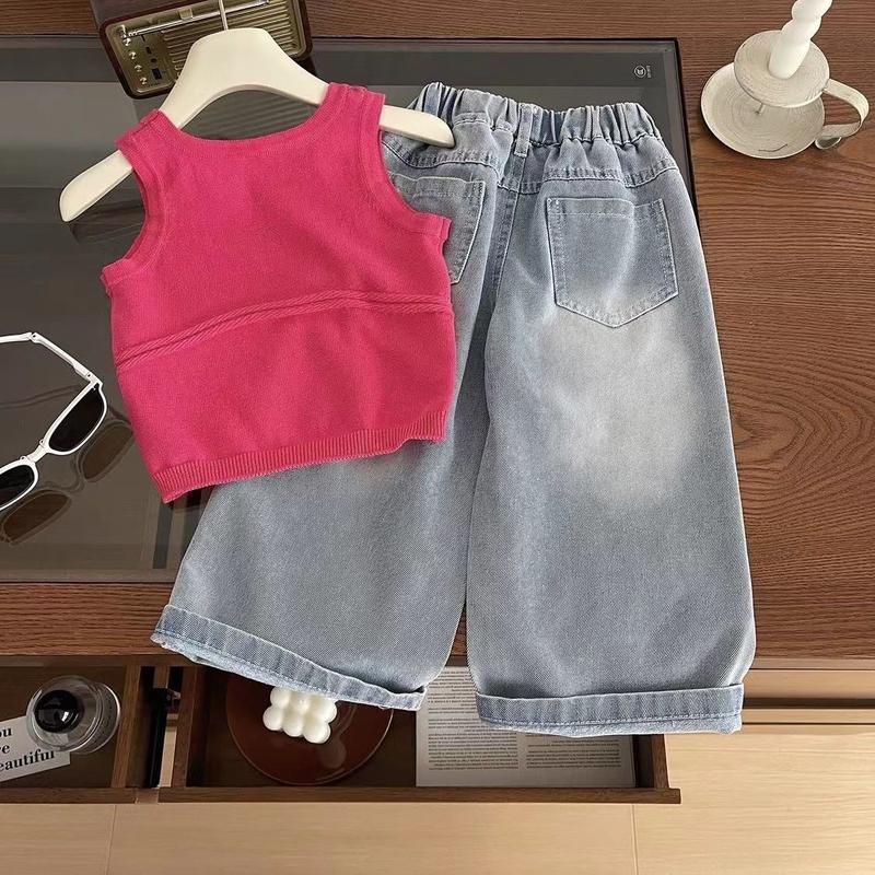 Bộ Đồ Mùa Hè Cho Bé Gái, Phong Cách Hàn Quốc Mới, Áo Yếm Dệt Kim Và Quần Jean Cho Bé Gái, Bộ Hai Mảnh, Thích Hợp Cho Trẻ Em, 2024 2