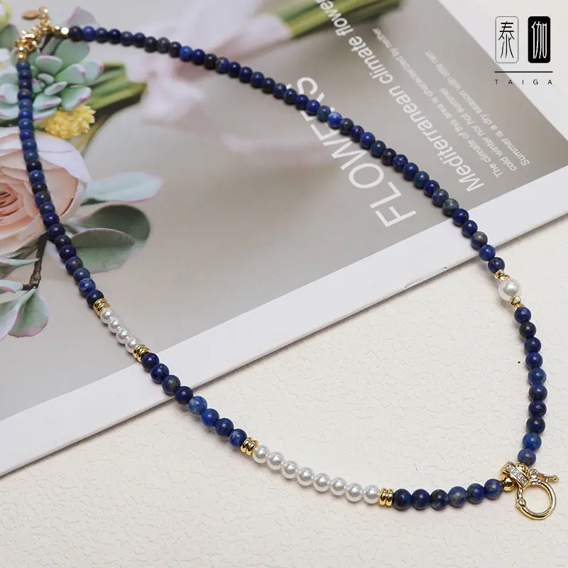 Natural Lapis Lapis Necklace Summer Fresh Pendant Lanyard Short small size Beaded Clavicle Chain Women' s Thai Buddha Brand Chain