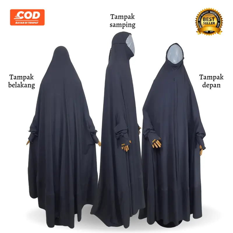 Khaira Long Khimar Jumbo busui overhead instan praktis by hasna moslem  Jilbab  Muslim  Wanita  Syari Non Pad Panjang Tangan Pita Zipper Kerudung Soft Hitam Karet 3