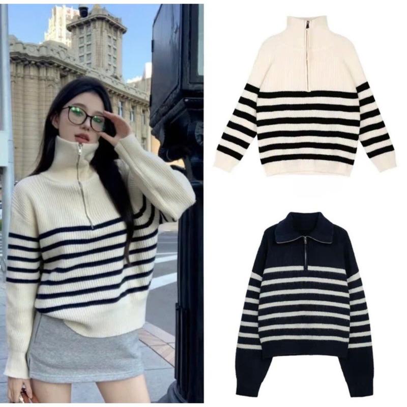 Áo len Kéo Khoá Cổ Áo Sweater Phối Kẻ Sọc Chất Gân nữ hàng QC Loại đẹp - Top nữ - Women