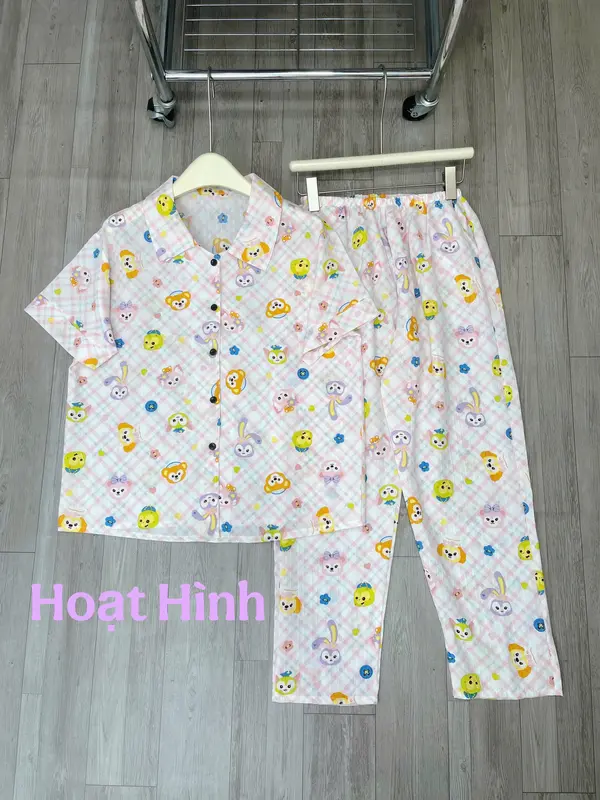 Set bộ tay ngắn quần dài in hình họa tiết dễ thương, bộ ngủ tay ngắn quần dài chất liệu xốp sọc freesize từ 40 - 65 kg cho nữ 2
