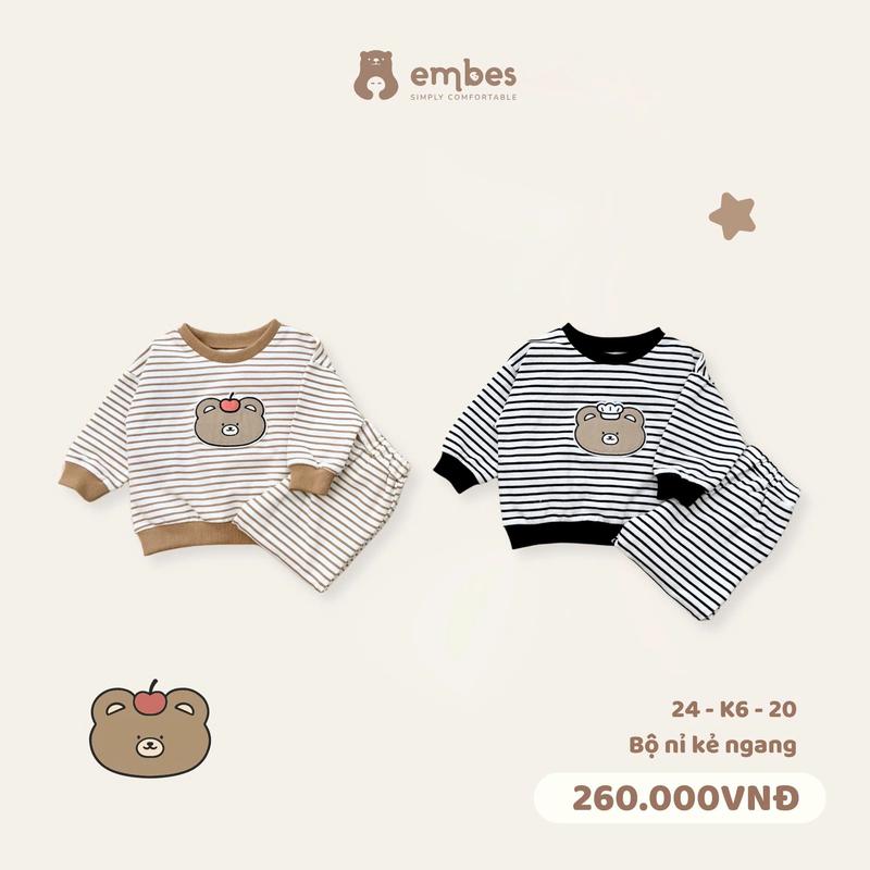 Bộ quần áo nỉ dài tay kẻ ngang cho bé Embes Việt Nam từ 9 tháng - 4 tuổi - 24-K6-20