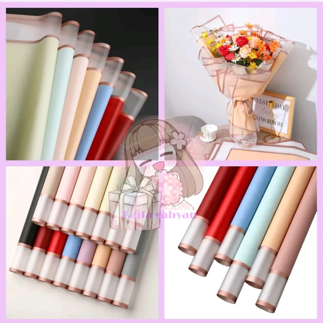 (ecer 5 lembar) FLOWER WRAPPING GOLD LINE FRIME CELLOPHANE KERTAS BUNGA BUKET