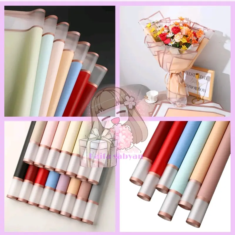 (ecer 5 lembar) FLOWER WRAPPING GOLD LINE FRIME CELLOPHANE KERTAS BUNGA BUKET 0