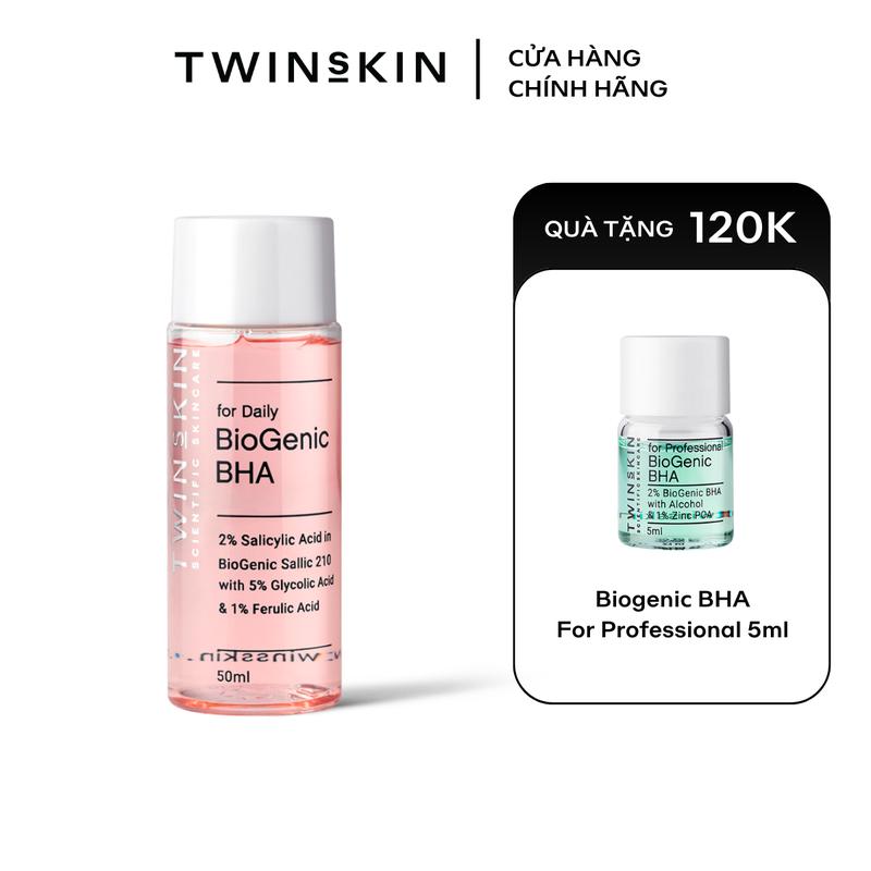 Dung dịch hỗ trợ làm sạch da chết hóa học TWINS SKIN Biogenic BHA For Daily (Hồng) Travelsize 50ml  TẶNG Dung dịch BHA For Professional 5ml