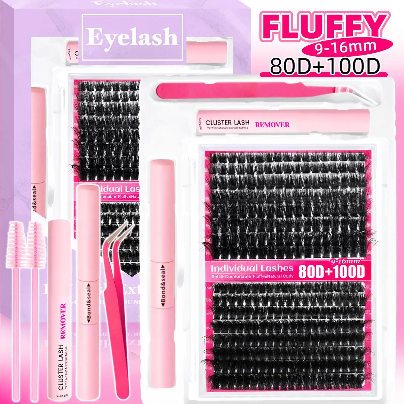 Fluffy Individual Lash Clusters, 1 Set Natural Look & Extra Thick & Dramatic Volume & Reusable Individual Eyelash Extension Kit with Makeup Tools, Cosmetic