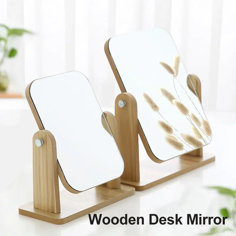 Wooden Desk Mirror Makeup Mirror Portable Foldable Dressing Make Up Mirror Standing Turning Vanity Cosmetics Mirror