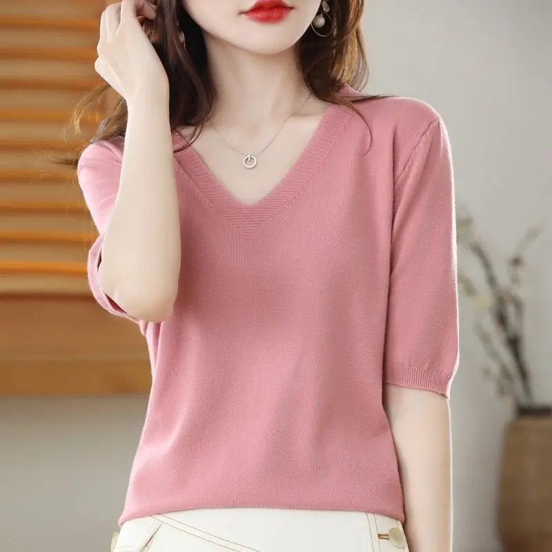 Áo Len Chui Đầu Cổ Chữ V Cho Nữ, Áo Thun Dệt Ngắn Tay, Áo Rộng Mới