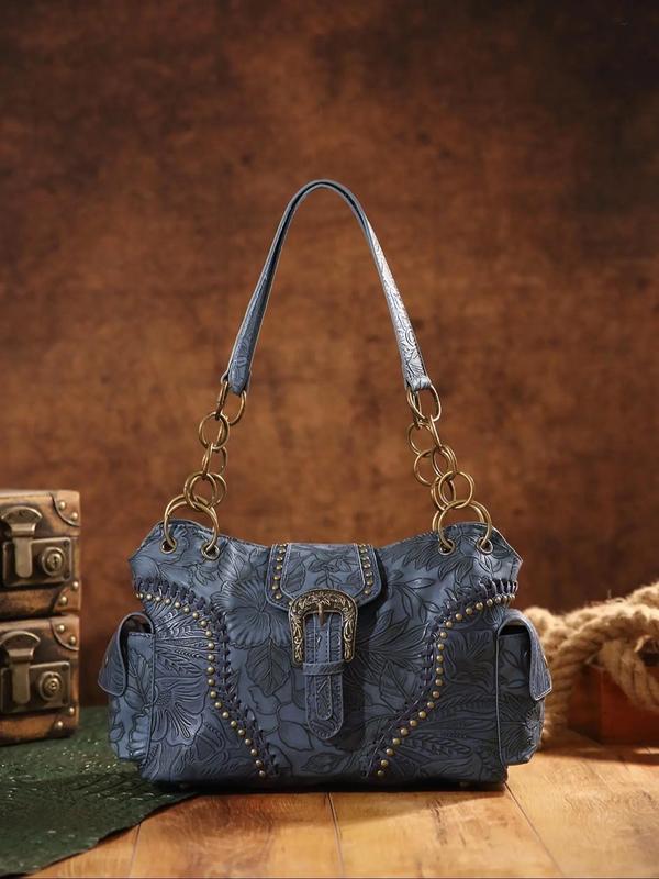 Fashion Vintage Floral Embossed Buckle Decorated Square Bag,  Casual Shoulder Bag for Women, All-match Handbag for Daily Used 3