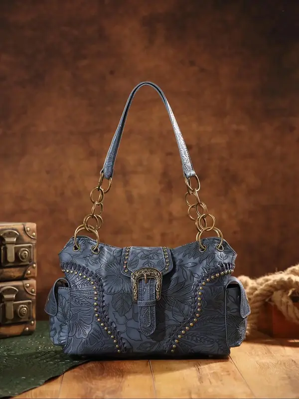 Fashion Vintage Floral Embossed Buckle Decorated Square Bag,  Casual Shoulder Bag for Women, All-match Handbag for Daily Used 3