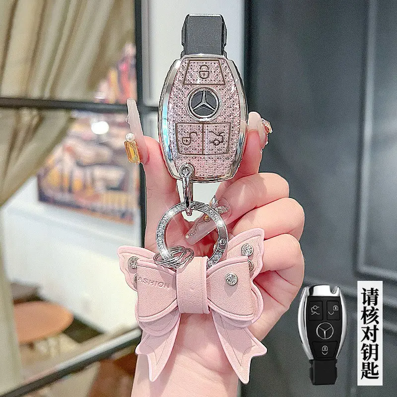 For Mercedes Benz C S E Class C200L A180 GLA GLC GLB GLK S400 S450 CLA W205 W213 Crystal Pattern Texture Car Key Case Cover Keychain