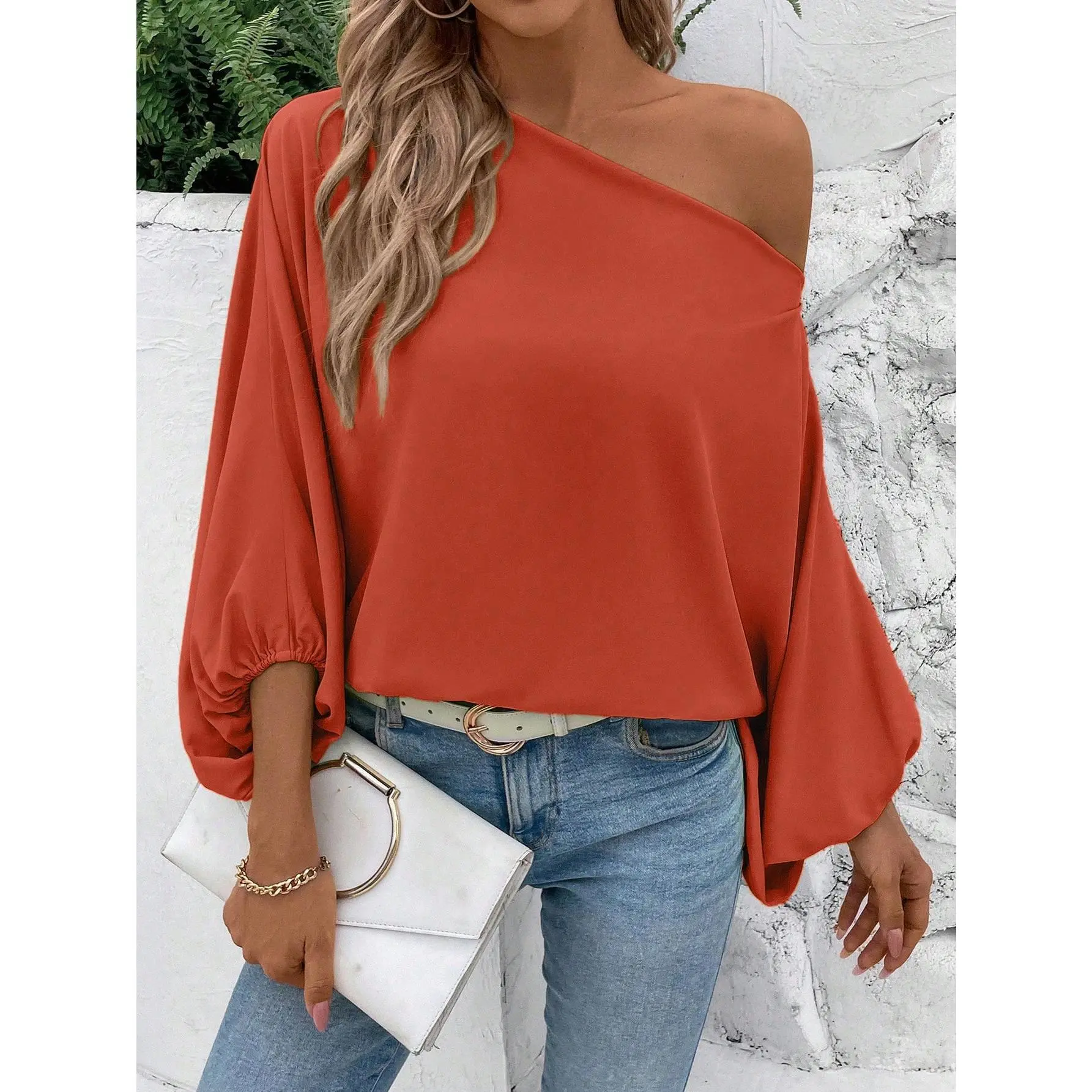 LUNE Women's Asymmetrical Neck Long Sleeve Fashionable Charming Casual Blouse, Random Floral Print One Shoulder Top