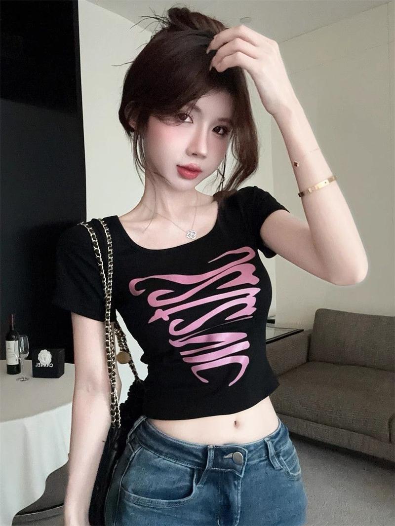 Product Introduction of Hot Design girls lace-up backless shoulder short sleeve top WOMEN'S slim fit slimming handbag color printed short T-shirt 6