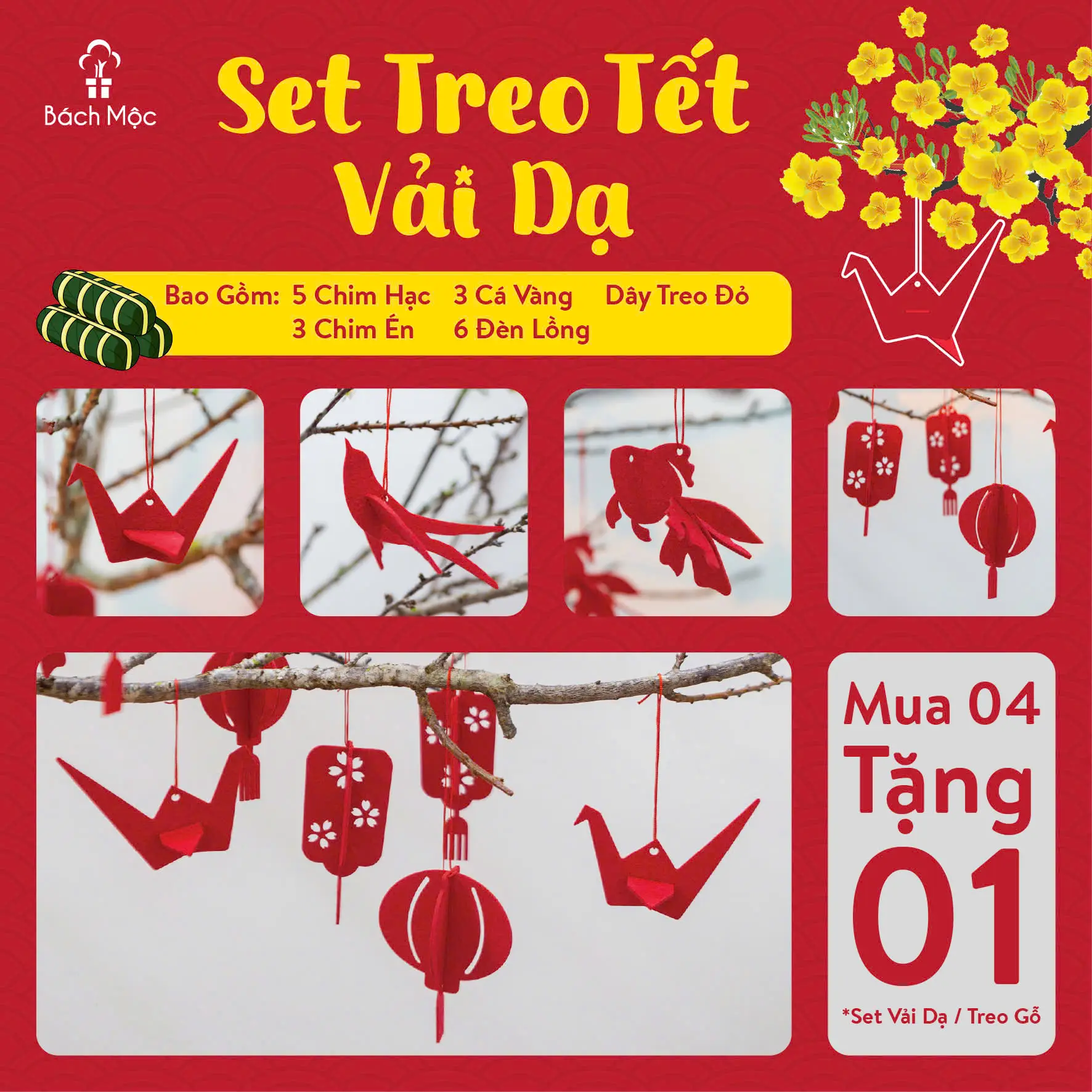 MUA 4 TẶNG 1 - Decor Trang trí Tết Nguyên Đán - Bộ treo cây đào quất mai - 17 hình