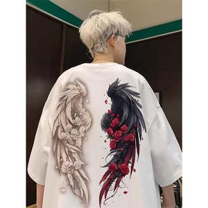 ヴィンテージトレンドブランドのバラのお花の翼プリントインりコットン半袖男女兼用夏用オーバーサイズトップスTシャツ