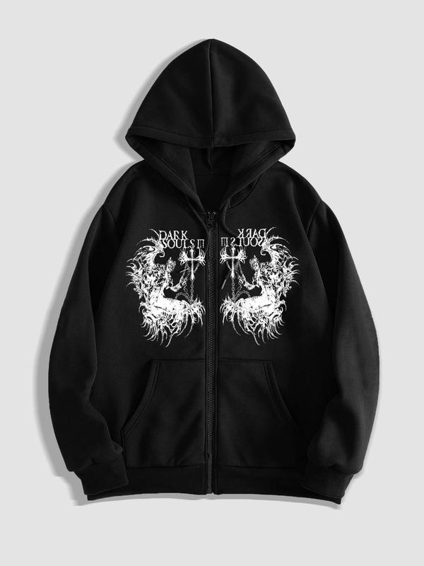 Men's Letter Print Zip Up Hoodie, Regular Fit Casual Street Long Sleeve Hooded Sweatshirt for Fall & Winter, Men's Clothes for Daily Wear 4