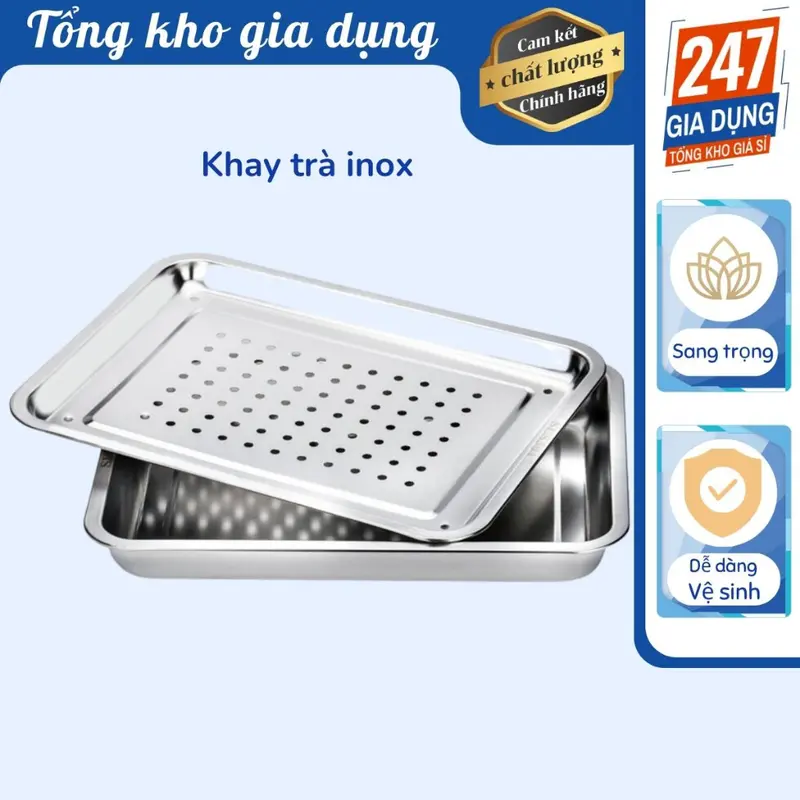 Khay trà inox sáng đẹp, gồm một khay lọc và 1 khay đế 0