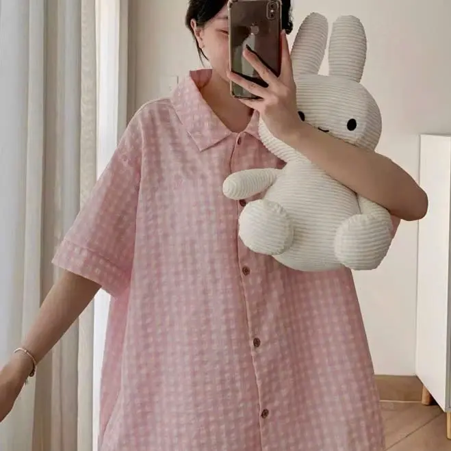 Bộ Ngủ Nữ  Tay Cộc Quần Dài , Bộ Pyjama Kẻ Caro Nhiều Màu Phong Cách Hàn Quốc Chất Đũi Nhăn Mịn Mát ( Kèm Charm ) 1