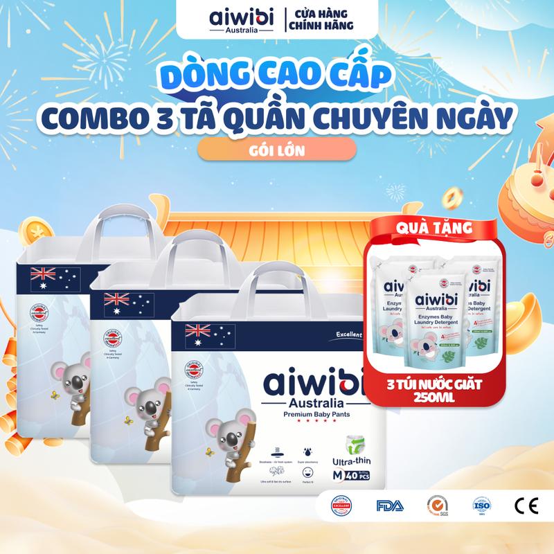   Combo 3  Tã Bỉm Quần Cao Cấp Aiwibi Light Feather Cho Bé Siêu Thấm Hút Chống Tràn - Gói Lớn M L XL XXL XXXL XXXXL 