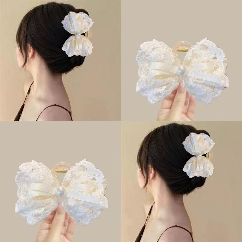 A31 Kẹp càng cua 8cm răng họa tiết nơ  ren đính ngọc to điệu đà cho nữ