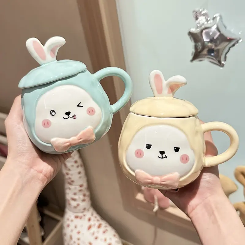 Ly cốc sứ có nắp đậy hình thỏ dễ thương 450ml, cốc uống nước có nắp đậy kèm thìa - TTB 1