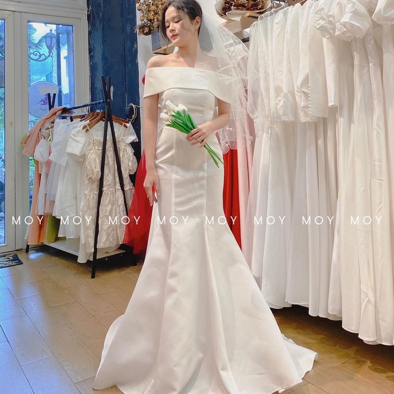 Váy body cúp đuôi cá bệt vai nơ đan lưng- Váy cưới, đầm cưới thiết kế đi bàn, chụp ảnh, thanh lịch, nhẹ nhàng-H315 0