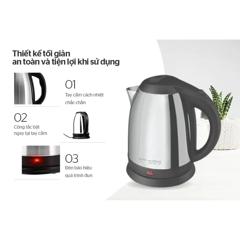 Ấm siêu tốc Kim Cương KC-IAT 2.0 - 2.0L 1500W, không gỉ, đun sôi nhanh, bảo hành 12 tháng toàn quốc, Ấm đun nước siêu tốc, Bình đun nước 2