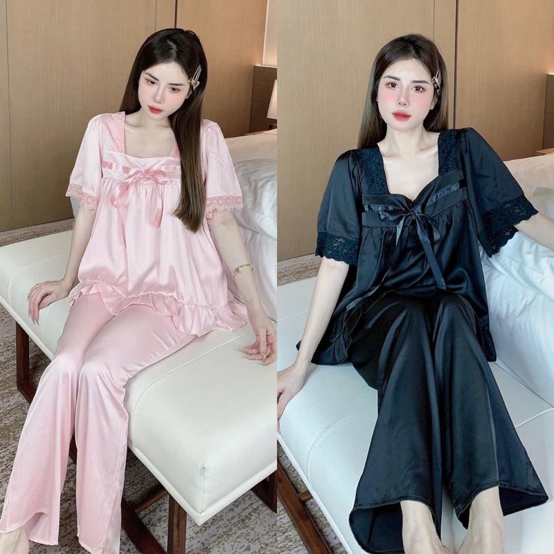 Đồ bộ tay ngắn lụa latin thiết kế mới dể thương , đồ bộ nữ mặc nhà thoải mái , pijama nữ lụa mịn mát , size dưới 60kg , đồ bộ pizama đùi Áo Ngủ Quần Ngủ bộ ngủ , đồ bộ cổ vuông