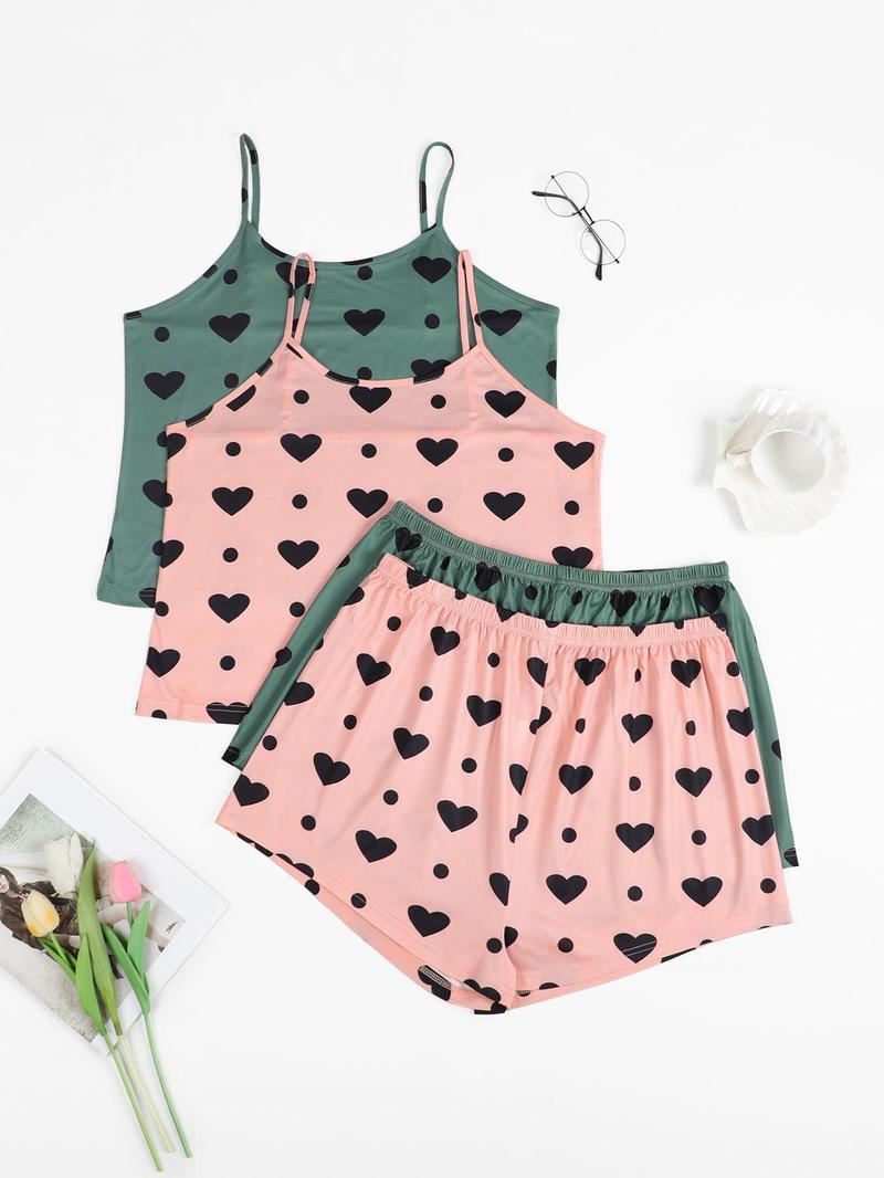 Product Introduction of Plus Size Heart Print Cami Top & Shorts Loungewear Set, Casual Comfy Pyjama Set for Women, Women's Sleepwear for Summer 5