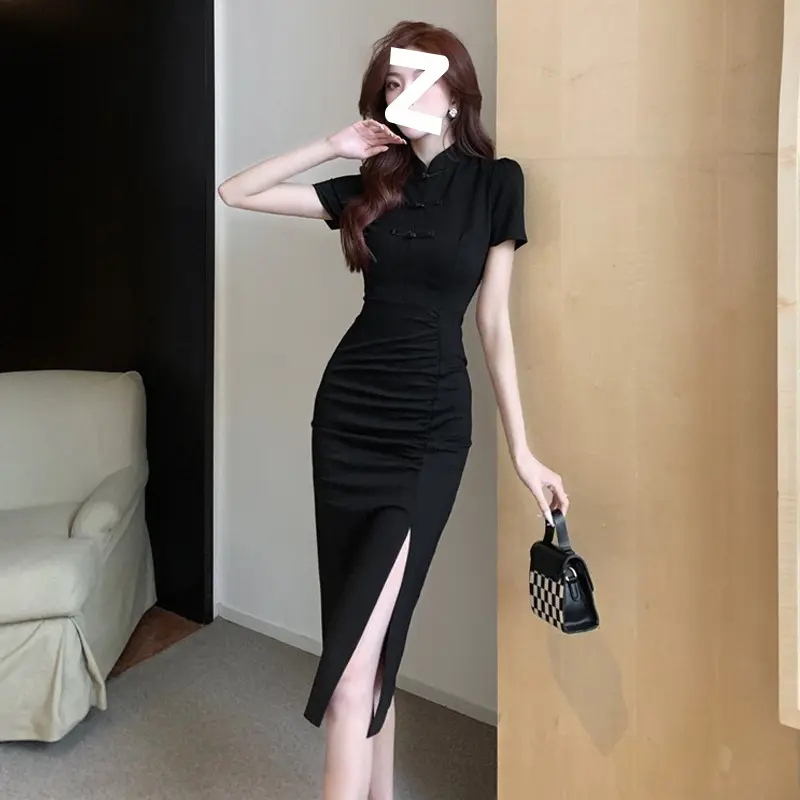 Váy Sườn Xám, Phong Cách Cổ Điển Trung Quốc, Màu Đen, Thiết Kế Cải Tiến, Dành Cho Nữ, Eo Vừa Vặn, Xẻ Tà Xếp Ly, Bộ Sưu Tập Xuân Hè Mới 2024