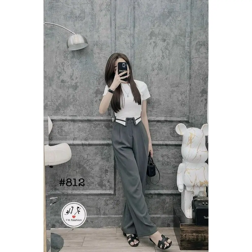 19 - QUẦN ỐNG RỘNG PHỐI CẠP CẠP ĐEN TRẮNG LƯNG CAO Ong Nữ Pants Women Nhung khóa kéo unisex quan hack