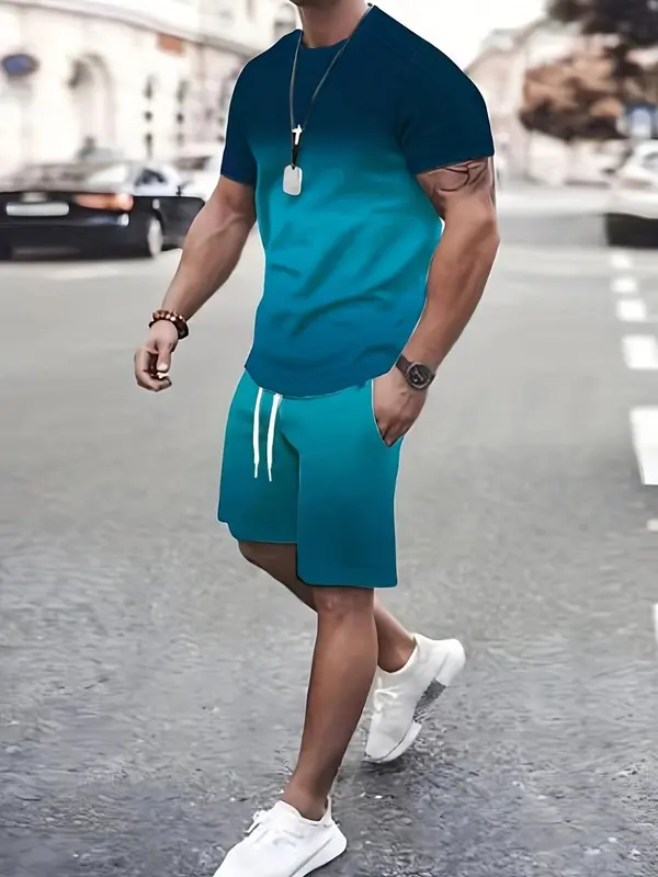 Two Pieces Men's Colorblock Striped Print Drawstring Two-piece Set, Regular Fit Casual Short Sleeve T-shirt & Pocket Shorts, Outfit Sets for Men, Men's Summer Outfits for Daily Wear, Going Out Outfit, Menswear 1