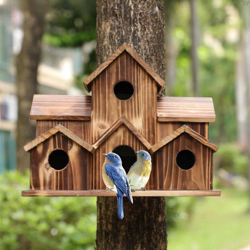 Hanging Wooden Hummingbird House for Outside, 6 Hole Handmade Natural ...