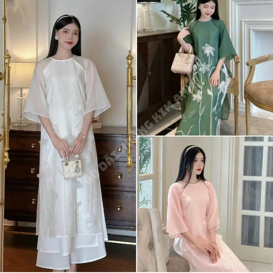 Áo dài cách tân 4 tà dáng suông tay lỡ, chất tơ cao cấp mềm mát đính hoa nổi màu Trắng, Hồng trẻ trung xinh đẹp MỘC LAN