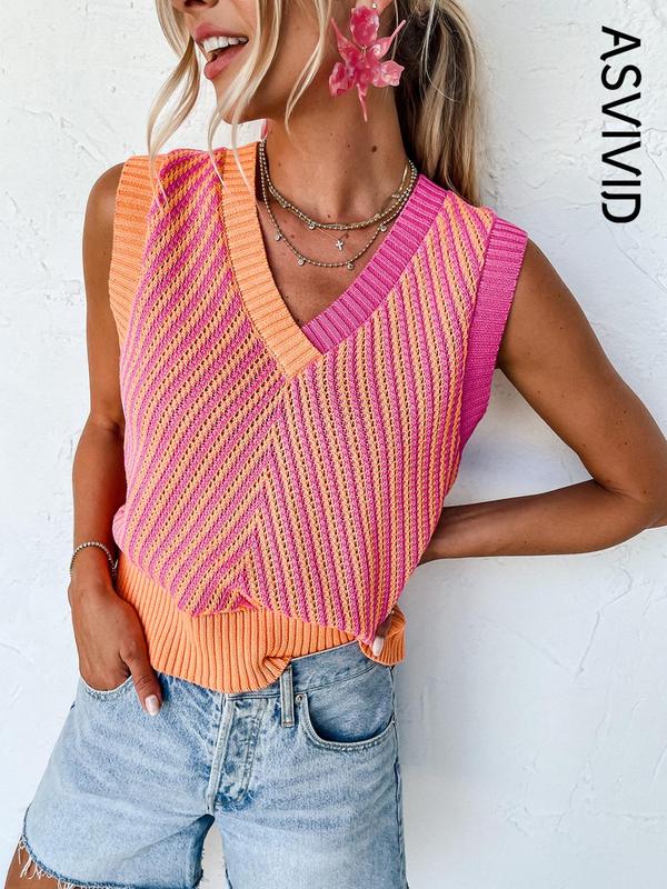 Women's Colorblock Wrap Knit Tank Top, Casual V Neck Sleeveless Top for Summer, Ladies Clothes for Daily Wear 6