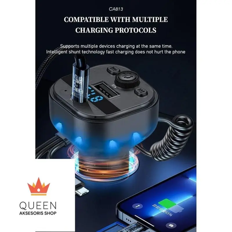 LENYES Bluetooth FM Transmitter 5.3 Car Charger Dual Port with 3IN1 Cable + Microphone CA813 2