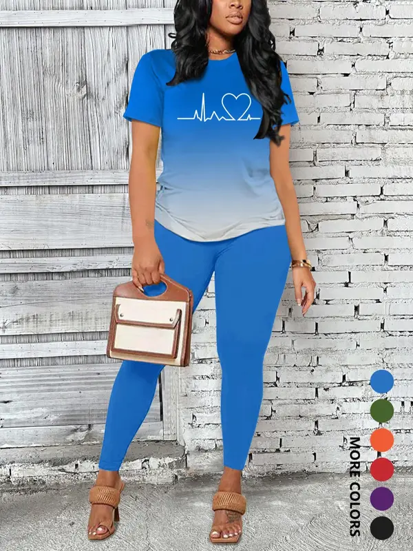 Women's Ombre Letter Print Short Sleeve Tee & Leggings Set, Casual Round Neck T-Shirt & Skinny Pants For Daily Wear, Ladies Two-Piece Outfits For All Seasons 4
