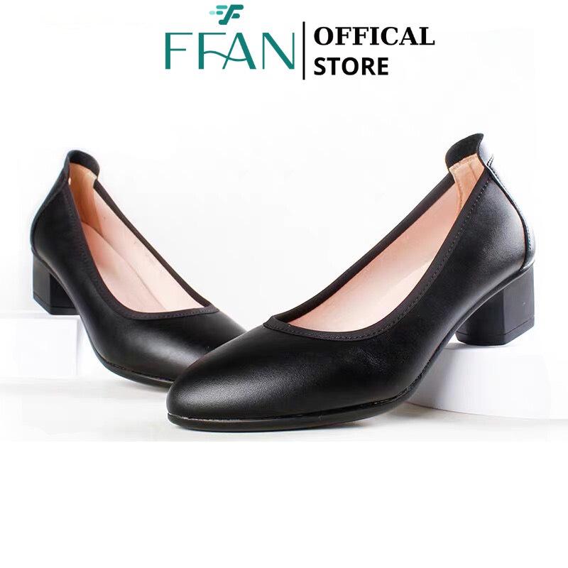 Giày tiếp viên hàng không nữ [da thật] mũi nhọn, da mềm mại công sở cao gót đế vuông bít mũi big size FFAN STORE Cao Su Shoes