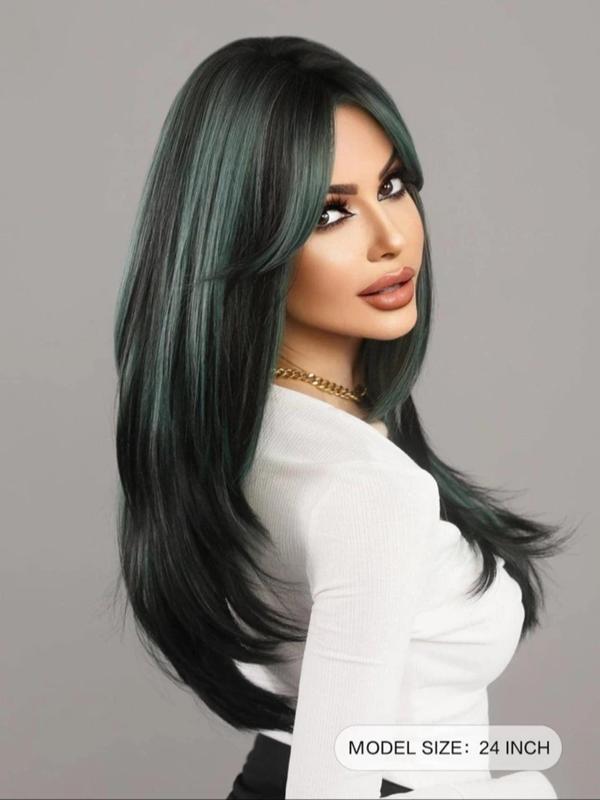 24 Inch Green Gradient Color Long Layered Wigs for Women, Striking Natural Fluffy Hair Wigs with Curtain Bangs, Synthetic Hair Wigs for Party, Daily Use 2