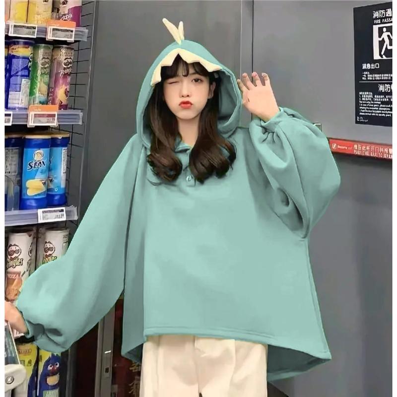 DINO SWEATER OVERSIZE WANITA - SWEATER KOREAN STYLE BAHAN PLECEE Basic Fleece Cewek Hoodie Atasan 4