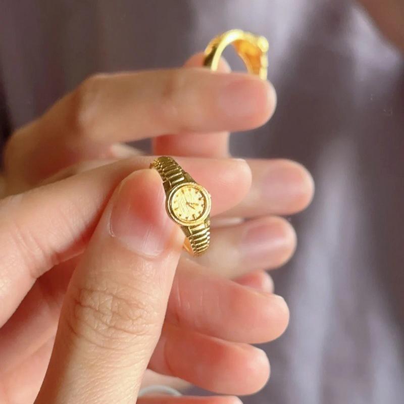 Đồng Đồng Hồ Nhẫn Ngón Tay Mini, Thiết Kế Sáng Tạo, Có Thể Điều Chỉnh, Phong Cách Cổ Điển, Được Làm Bằng Hợp Kim, Với Vỏ Đồng Đồng Hồ 2