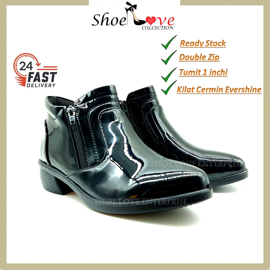 Ready Stock Kasut Kilat Evershine Double Zip Wanita Polis PDRM / ATM / Tentera Ladies Uniform Glossy Boot Chelseapolo Kasut Tumit Wanita