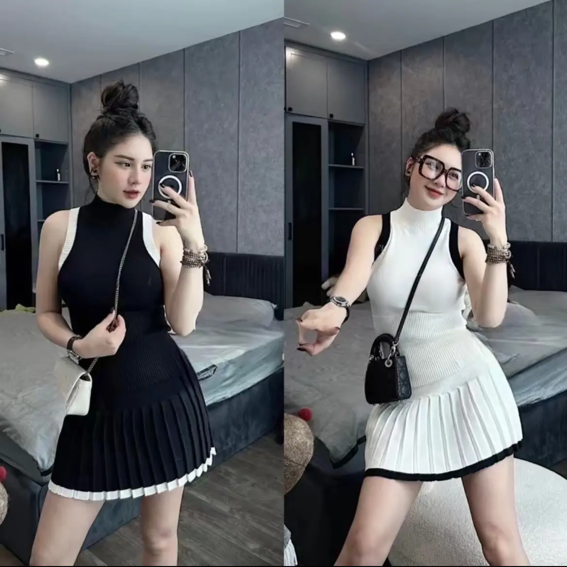 SET ÁO sát nách kèm chân váy xếp ly