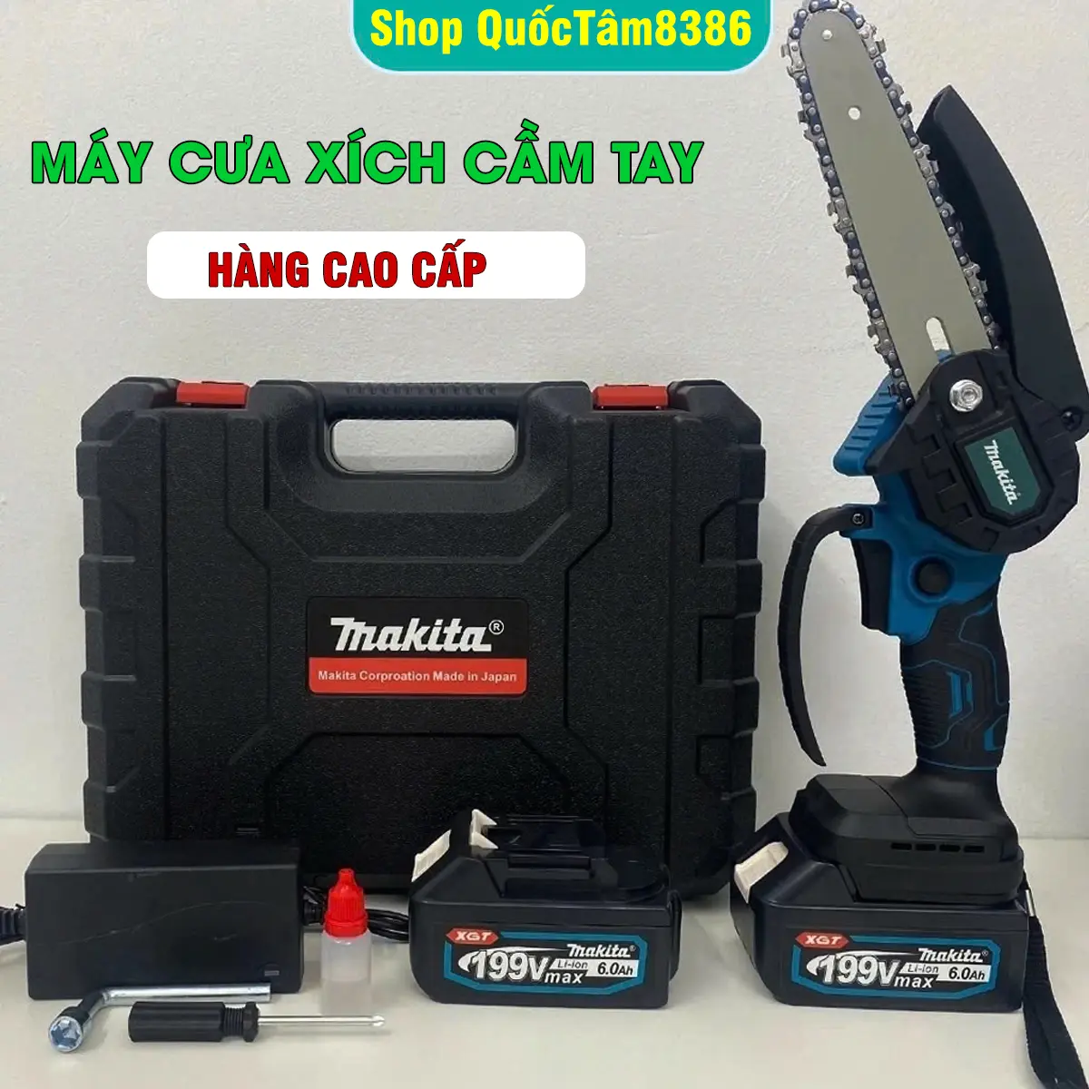 Máy Cưa Xích Cầm Tay MaKiTa - Cưa Xích Không Dây Cao Cấp, Cưa Gỗ Mini Dùng Pin MAKITA 199V Mạnh Mẽ, Bền Bỉ, Cắc Cây, Tỉa Cành Tiện Lợi - Phù Hợp Mọi Gia Đình