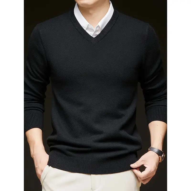 [Long Sleeve V-Neck Pullover Sweater] Men'S V-Neck Pullover Sweater, Rayon Blend Knitwear, Solid Color, Long Sleeve, Regular Fit, Stretch Fabric, for Daily & Casual Wear 6