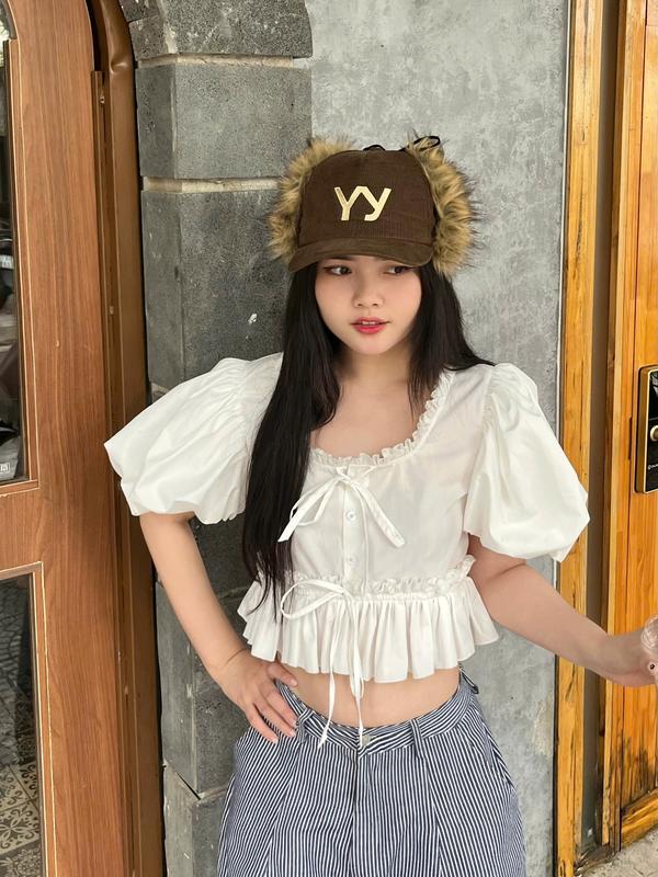 Xả Kho - Áo babydoll tay phồng Migcool layer bèo cổ vuông dáng rộng A05