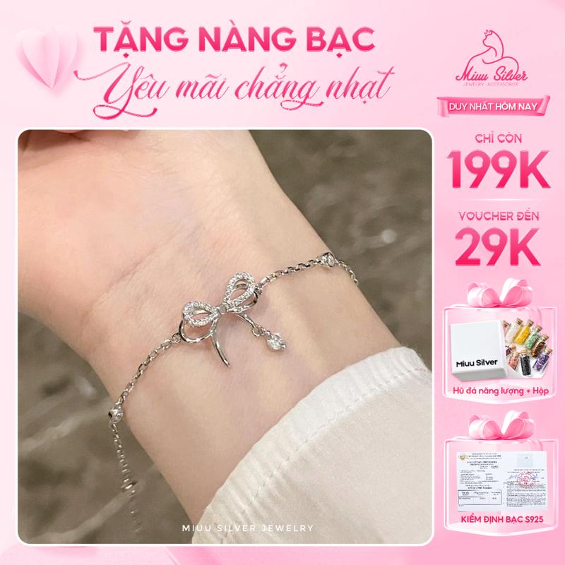 [Tặng 1 hũ đá phong thuỷ] Vòng tay và Dây chuyền bạc Miuu Silver, lắc tay khoá điều chỉnh hình nơ Amelia tiểu thư