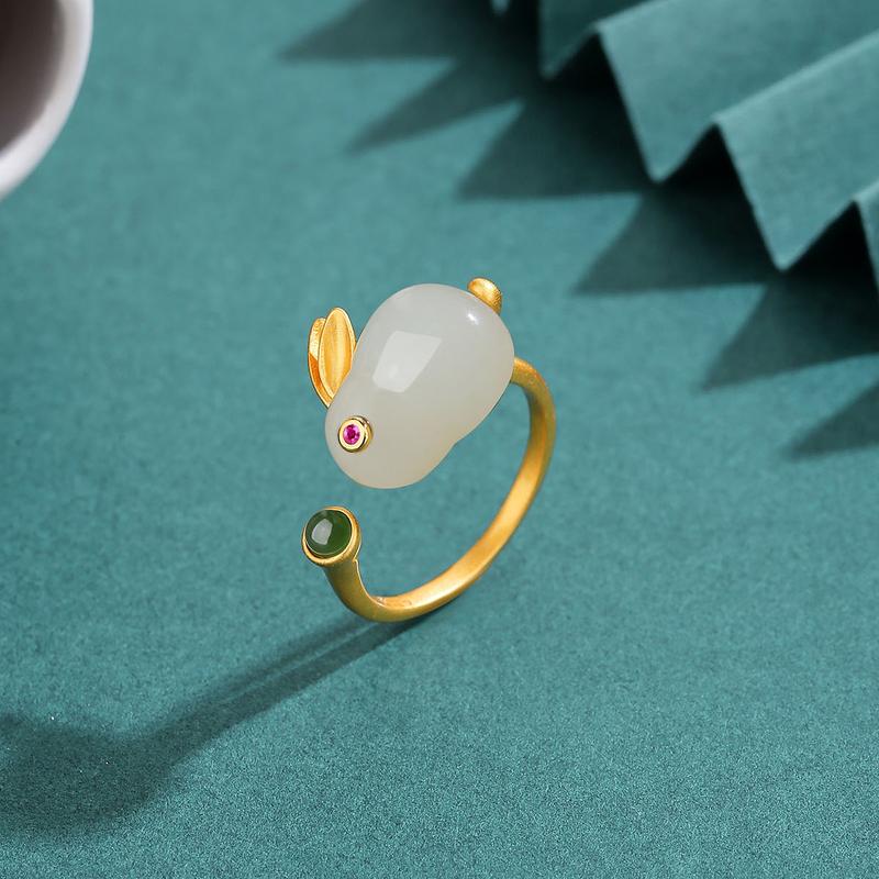 Hetian Jade Hare Pendant S925 Silver Plated Cute Jade Hare Ear Stud Necklace Bracelet Ring Fairy Jewelry Suit 8